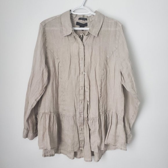 New TAHARI 100% Linen Blouse Women's Plus Size 1X Ruffle Neutral Flowy Loose Fit - Picture 2 of 10